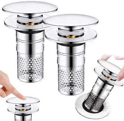 2 stuks pop-up afvoerzeefstop, roestvrijstalen wastafelstop met afneembare filterzeef, wastafelstop voor 32-40 mm afvoeren, universele afvoerstop voor badkamer, wastafel, keuken.