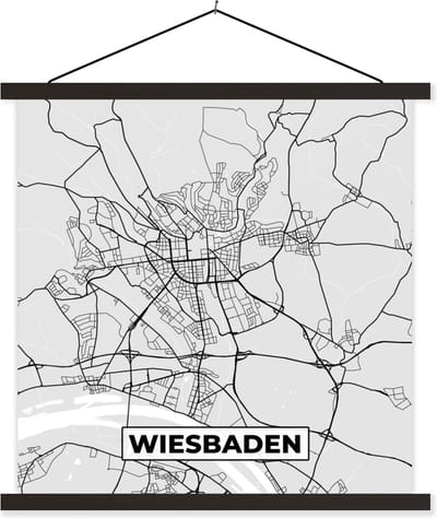 Posterhanger incl. Poster 60x60 cm - Schoolplaat - Kaart - Stadskaart - Duitsland - Wiesbaden - Plattegrond - Textielposter - Zwarte latten - Stadskaart