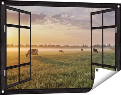 Gards Tuinposter Doorkijk Koeien in de Wei tijdens Zonsopkomst - 90x60 cm - Tuindoek - Tuindecoratie - Wanddecoratie buiten - Tuinschilderij