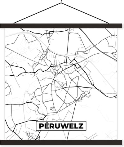 Posterhanger incl. Poster 60x60 cm - Schoolplaat - België – Péruwelz – Stadskaart – Kaart – Zwart Wit – Plattegrond - Textielposter - Zwarte latten - Stadskaart