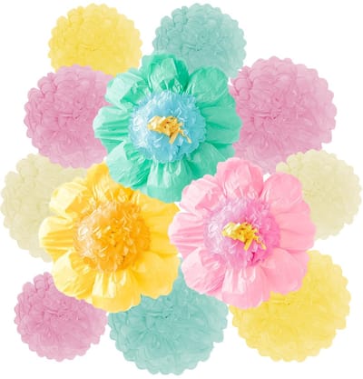 12 stuks kleurrijke feestdecoraties Tissue Pom Poms, Papieren Bloemen Pom Poms Decoraties, Papieren Bloemen Decoratie voor Muur Achtergrond, Roze Groen Geel Tissue Papers voor Meisje