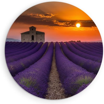 Saammp Muurcirkel Hout - Lavendelveld met huis - Natuur - Landschap - Ø 90 - Wandcirkel - Wanddecoratie Cirkel - Muurdecoratie Woonkamer - Slaapkamer decoratie - Rond Schilderij