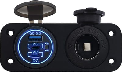 ProRide 12V USB/USB C Stopcontact 3 Poorten met schakelaar - Inbouw - QC3.0 - met 12/24V Sigaretten stopcontact - Blauw