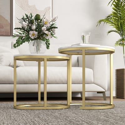 MODFU Witte Ronde Salontafel Set van 2 - Stapelbare Bijzettafels met Stalen Frame voor Woonkamer en Slaapkamer