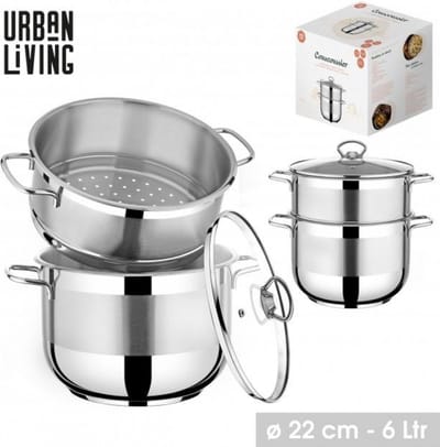 Urban Living - Couscous Pan RVS 6 Liter met Glazen Deksel - Alle Warmtebronnen