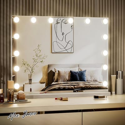 Mrs. Jones Hollywood Make-up Spiegel 50x42 cm Geheugenfunctie Cosmetica Spiegel met 14 LED Lampen Dimbaar 3 Verlichtingsmodi Touch Control Wandmontage Wit - Make-up Spiegel - LED Lampen .