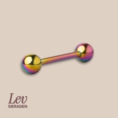 Lev Sieraden - 1.6x12mm Barbell Rainbow - 5mm balletjes - Titanium piercing - tong piercing - Regenboog kleurig