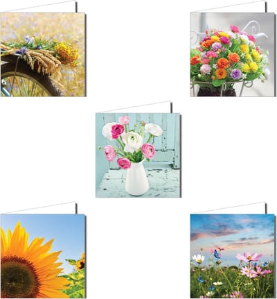 Wenskaartenpakket – 10 Fotografische Wenskaarten van Boeketten, Vlinders en Zonnebloemen (14,5 x 14,5 cm)