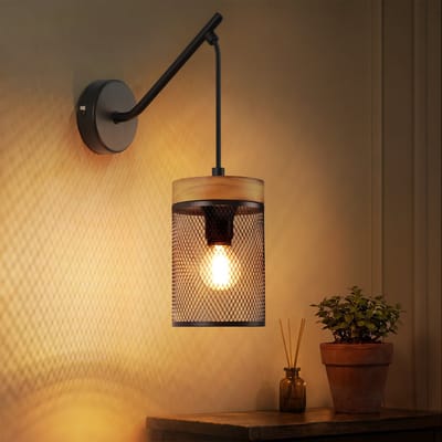 NETTLIFE Vintage Wandlamp – Binnen – Hout & Metaal – Zwart – Industriële Traliekap – E14 – Retro Wandverlichting voor Woonkamer, Slaapkamer, Hal, Trap, Café en Bar – Zonder Lamp