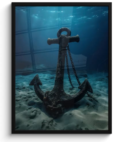 Poster in lijst - Fotolijst 60x80 cm - Posters - Anker - Ijzer - Zeebodem - Zand - Posterlijst zwart - Decoratie - Wanddecoratie woonkamer - Muurdecoratie slaapkamer
