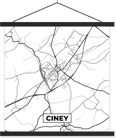 Posterhanger incl. Poster 60x60 cm - Schoolplaat - Stadskaart – Plattegrond – België – Zwart Wit – Ciney – Kaart - Textielposter - Zwarte latten - Stadskaart