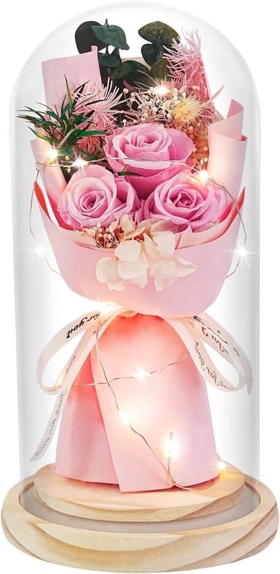 KZQ Een geconserveerd bloemencadeau voor haar, een boeket met geconserveerde rozen in een glazen stolp, een boeket met geconserveerde en verse bloemen, een cadeau voor Moederdag of een cadeau voor je moeder, vrouw of oma: echte roze rozen.