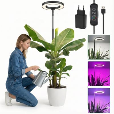 MUPOO Groeilamp Planten Zwart 72 LEDS met Adapter - Kweeklamp LED Full Spectrum - 16cm Ring - 10-Traps Dimmen - Verstelbaar (35-155cm) - Timer 3/9/12 - Telescopische Plantenlamp voor Kamerplanten