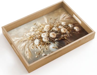 Dienblad hout 40x30 cm - Schootdienblad - Bloemen - Vaas - Stilleven - Beige - Borrelplank rechthoek - Plateau dienbladen