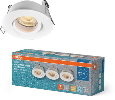 OSRAM Spot Set LED inbouwspot IP65 Press 4,5W Wit, 320lm 2700K Warm Wit, CRI≥80, geschikt voor vochtige ruimtes, set van 3