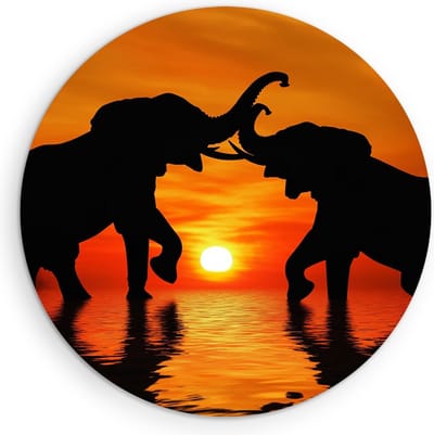 Saammp Muurcirkel Hout - Olifanten in zonsondergang - Silhouet - Dieren - Ø 90 - Wandcirkel - Wanddecoratie Cirkel - muurdecoratie Woonkamer - Slaapkamer decoratie - Rond Schilderij