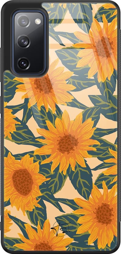 Hoesje geschikt voor Samsung Galaxy S20 FE - Zonnebloemen - Hard Case Zwart Back Cover - Bloemen - Oranje - Mooie Telefoonhoesjes