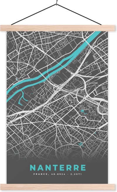 Posterhanger incl. Poster 40x60 cm - Schoolplaat - Nanterre - Kaart - Stadskaart - Plattegrond - Frankrijk - Textielposter - Blanke latten - Stadskaart