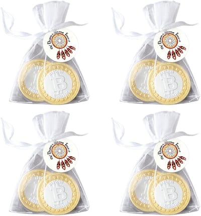 4 Give-aways Dreams come True elk met kaartje en 2 chocolade bitcoin munten - bitcoin - munt - bedankje - traktatie - give-away - dream - gelukwens