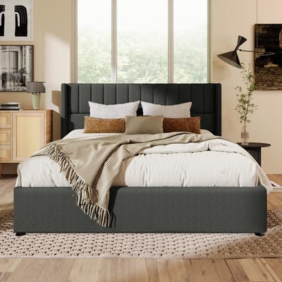Wishdor Opbergbed 160x200 cm – Hydraulische Lift & Gestoffeerd Hoofdbord – Inclusief Lattenbodem en Matras – Linnen Grijs – Praktische Opberger