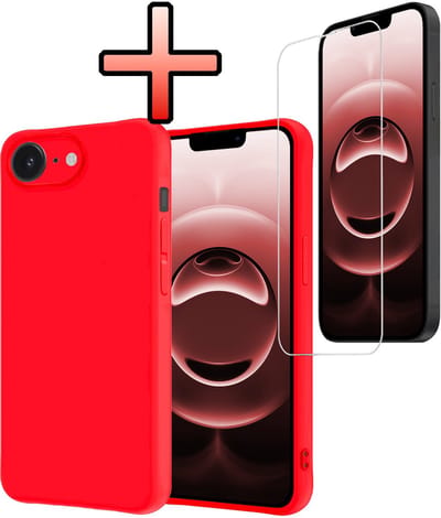 Hoesje - Met Screenprotector - Geschikt voor Apple iPhone 16e / 17e - Sterk & Shockproof - Back Cover - Siliconen Case - Telefoon Hoes - Rood