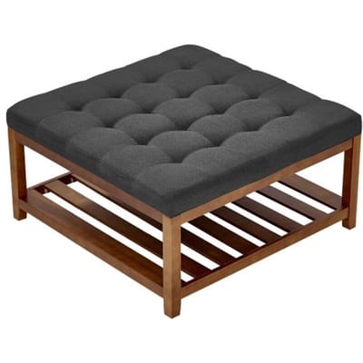 VEVOR Vierkante salontafel (875 x 875 x 445 mm) met massief houten opbergplank, massief gestoffeerde voetenbank met linnen voetenbank voor slaapkamer/woonkamer, 181,44 kg, donkergrijs