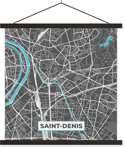 Posterhanger incl. Poster 60x60 cm - Schoolplaat - Saint-Denis - Frankrijk - Stadskaart - Kaart - Plattegrond - Textielposter - Zwarte latten - Stadskaart