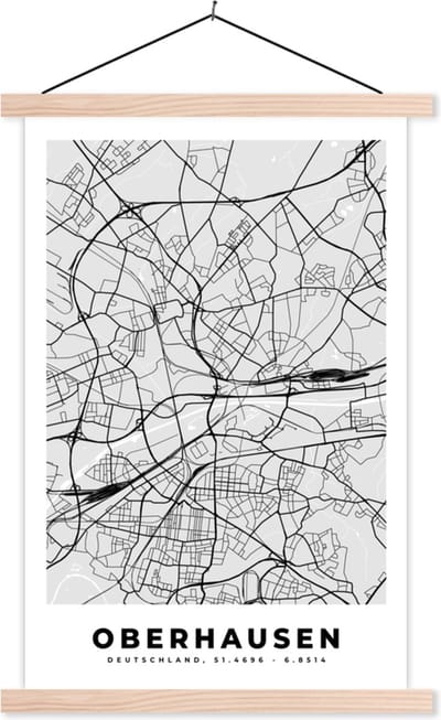 Posterhanger incl. Poster 40x60 cm - Schoolplaat - Duitsland - Plattegrond - Kaart - Oberhausen - Stadskaart - Textielposter - Blanke latten - Stadskaart