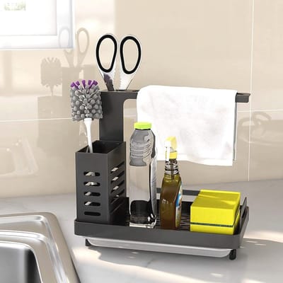 Gootsteenorganizer mand voor keuken - badkamer met afvoerpan - lijm - werkblad - sponsborstel - zeepbakhouder van roestvrij staal zwart