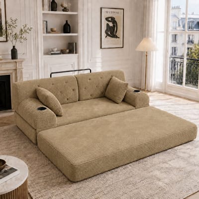 MIVRAY Slaapbank 168 x 80 x 81 cm - 2-Zits Met Hoge Rugleuning, 2 Bekerhouders En 4 Zijvakken - Voor Woonkamer - Cord Khaki