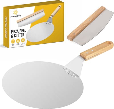 PROKING Pizzaschep en Pizzasnijder – Pizzaspatel – Pizzames – Wiegemes Pizza – Pizza Snijder – Met Houten Handvat – RVS