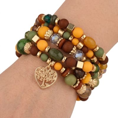 Olijfgroen geel goudkleurig parel armband dames kralen armband elastische stretch armband met levensboom hart hanger meerkleurige kralen sieraden voor feest bruiloft vakantie en dagelijks gebruik