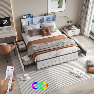 Gestoffeerd bed 140 x 200 cm met ledverlichting en USB-oplaadpunt, tweepersoonsbed met 4 lades, gestoffeerd bed met opbergruimte en hoofdbord, bed met lattenbodem, tweepersoonsbed, zonder matras, beige