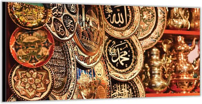 KuijsFotoprint - Schilderij - Versierde Borden - Blauw, Rood En Goud - 100 X 200 Cm