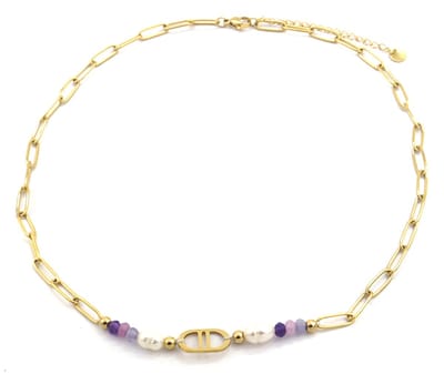 Ketting - Parels en Kralen - RVS - Lengte 39-44 cm - Goudkleurig en Paars