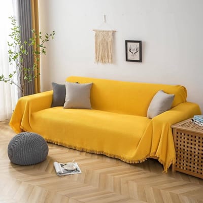 Grote Gele Wafel Plaid voor Sofa - 180x420 cm - Katoen & Polyester met Franjes
