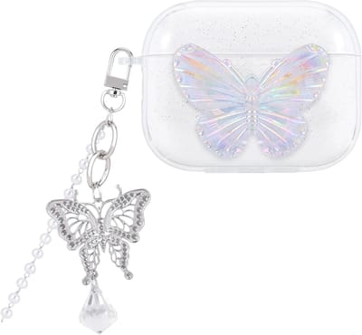 TPU Butterfly Beschermhoes voor AirPods Pro 3 met Sleutelhanger, Schokbestendig, Antistof en Stijlvol Ontwerp voor Vrouwen, Wit 3D Vlinder