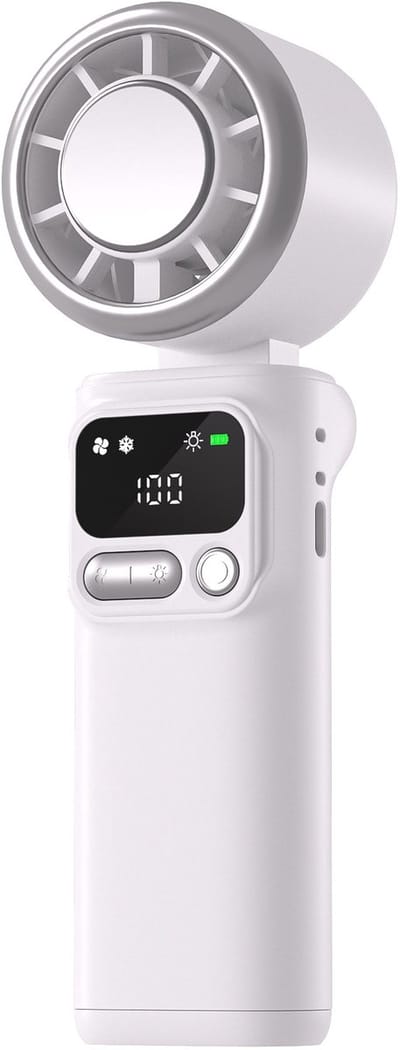 Draagbare Handventilator met Turbo Luchtstroom - Mini Ventilator Opvouwbaar - 3-in-1 USB Oplaadbare Koelventilator met 4000mAh Accu & LED-Licht - Handheld Turbo Fan voor Reis, Strand en Kantoor - Wit