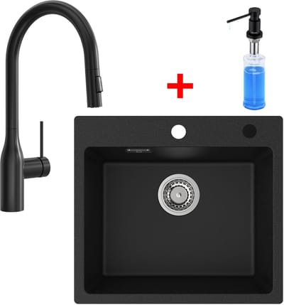 CECIPA Max Spoelbak Zwart 50x45CM - Graniet Spoelbakken Keuken Met Uittrekbare Uitloop Keukenkraan en Zeepdispenser 300ML - Enkele Spoelbak - Spoelbakken Incl. Sifon en Afvoerzeefje