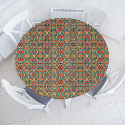 ABAKUHAUS Turquoise elastisch rond tafelkleed, lokal, allround elastisch tafelkleed, 90 cm - 100 cm, turquoise en oranje