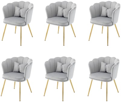 BLACKCOLORS Set van 6 moderne fluwelen salonstoelen, badkamerstoelen, gestoffeerde stoelen met bloembladvormige rugleuning, vergulde metalen poten en vlinderkussens voor de slaapkamer-eetkamer