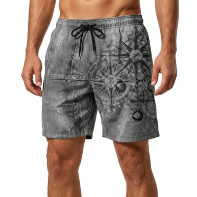 Grijs zwart zwembroek heren met kompas print en nautische kaart print, elastische tailleband met zwart trekkoord, korte zwemshort met vintage maritiem dessin maat M