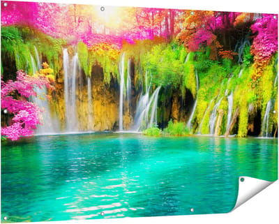 Gards Tuinposter Waterval met Roze en Groene Bloemen - 150x100 cm - Tuindoek - Tuindecoratie - Wanddecoratie buiten - Tuinschilderij