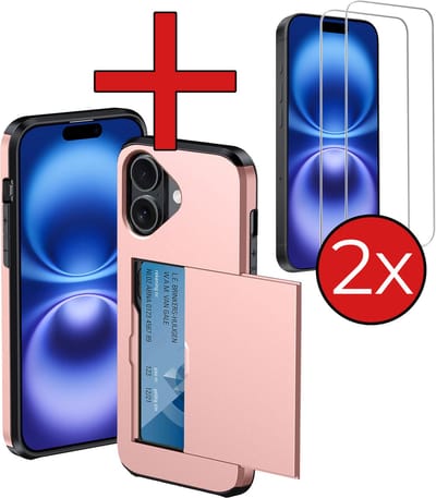 Hoesje Geschikt voor iPhone 16 Hoesje Met Pasjeshouder Hard Case Met Kaarthouder Met 2x Screenprotector - Hoes Geschikt voor iPhone 16 Hoesje Pashouder Case - Rosé goud