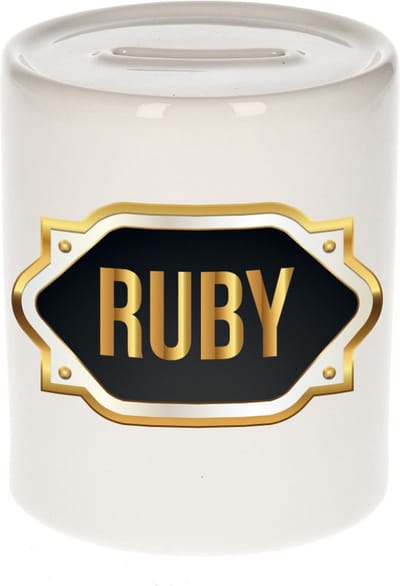 Spaarpot met voornaam Ruby - wit - met goud/zwart embleem - 8 x 9 cm - keramiek - met afsluitdop - cadeau verjaardag