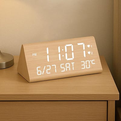 SnelShoppen - Digitale Houten Alarm Klok met 2 Alarmen, Datum, Weekdag, Temperatuur, Verstelbare Helderheid en Volume, USB Oplaadpoorten voor Thuis en