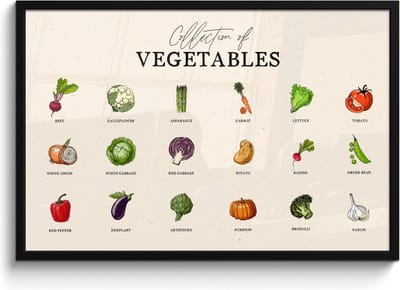 Fotolijst inclusief poster - Posterlijst 90x60 cm - Posters - Groente soorten - Kleurrijk - Eten - Vintage - Foto in lijst - Keuken decoratie muur - Wanddecoratie accessoires - Muurdecoratie - Schilderijen