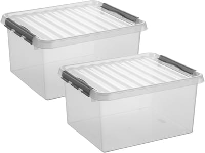 2x stuks sunware q-line opberg box/opbergdoos - 36 liter - 50 x 40 x 26 cm - kunststof - opslagbox - transparant/zilver