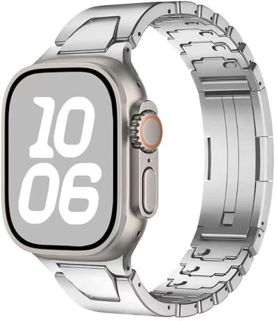 Stravo Titan Glow Metalen Horlogeband voor Apple Watch – 46mm (Series 10/11) / 45mm (Series 7/8/9) / 44mm (Series 4/5/6/SE) / 49mm (Ultra 1/2/3) – Luxe Bandje met Gereedschapsvrije Lengteverstelling – Zilver