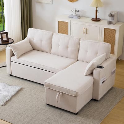 Hoekbank met slaapfunctie 206 x 130 cm - 3-zits Slaapbank met Opberglade, Omkeerbare Chaise Longue, Fluwelen L-vorm Bank, Logeerbed 180 x 124 cm - Beige - Vermissen
